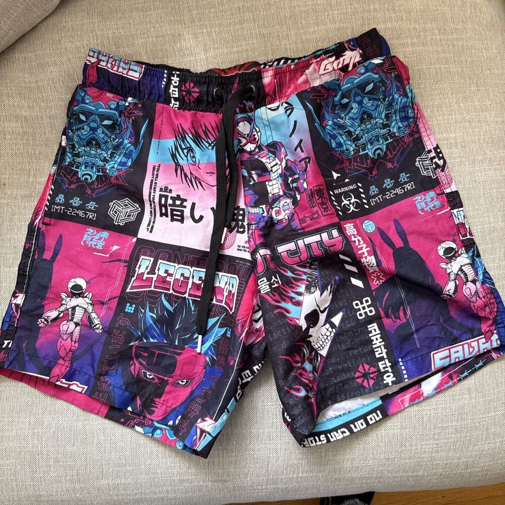 Fresh Prints of Tokyo Men L/G Anime / Manga Volley Shorts Black Swim Trunks